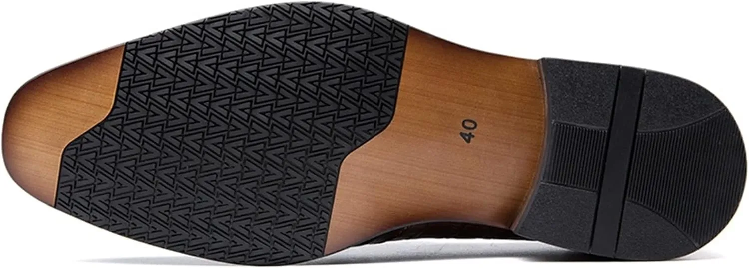 New Formal Dress Shoes for Men Slip On Monk Strap Crocodile Print Burnished Square Toe Leather Low Top Non Slip Resistant Block Heel Rubber Sole Casual