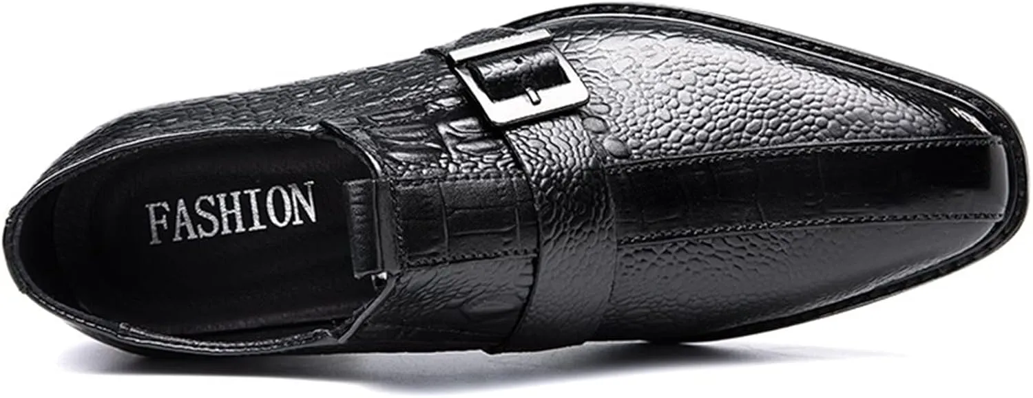 New Formal Dress Shoes for Men Slip On Monk Strap Crocodile Print Burnished Square Toe Leather Low Top Non Slip Resistant Block Heel Rubber Sole Casual