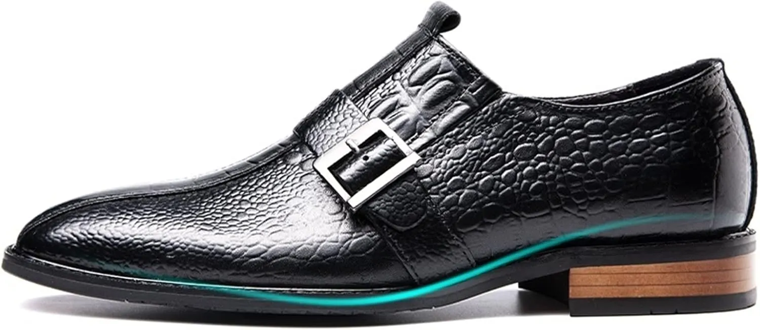 New Formal Dress Shoes for Men Slip On Monk Strap Crocodile Print Burnished Square Toe Leather Low Top Non Slip Resistant Block Heel Rubber Sole Casual
