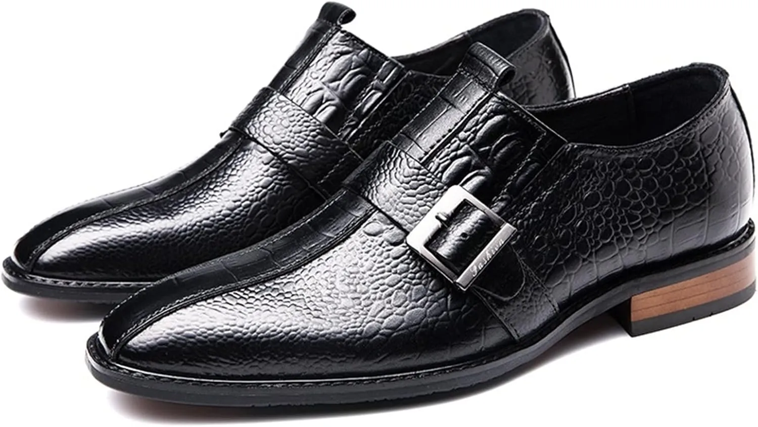New Formal Dress Shoes for Men Slip On Monk Strap Crocodile Print Burnished Square Toe Leather Low Top Non Slip Resistant Block Heel Rubber Sole Casual