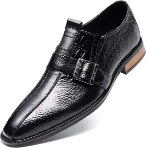 New Formal Dress Shoes for Men Slip On Monk Strap Crocodile Print Burnished Square Toe Leather Low Top Non Slip Resistant Block Heel Rubber Sole Casual