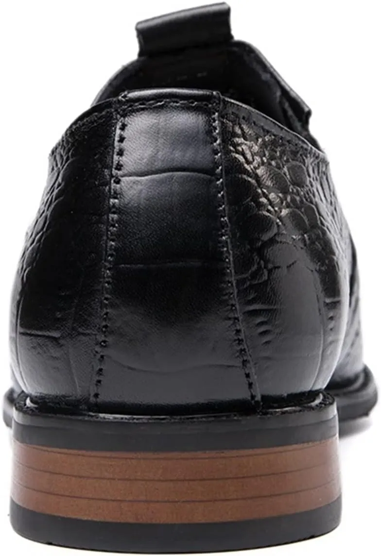 New Formal Dress Shoes for Men Slip On Monk Strap Crocodile Print Burnished Square Toe Leather Low Top Non Slip Resistant Block Heel Rubber Sole Casual