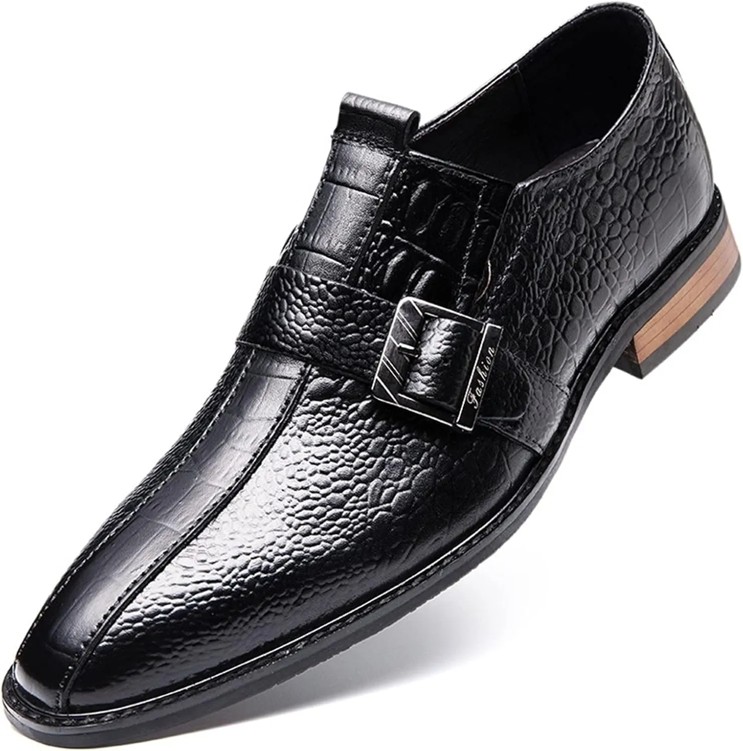 New Formal Dress Shoes for Men Slip On Monk Strap Crocodile Print Burnished Square Toe Leather Low Top Non Slip Resistant Block Heel Rubber Sole Casual