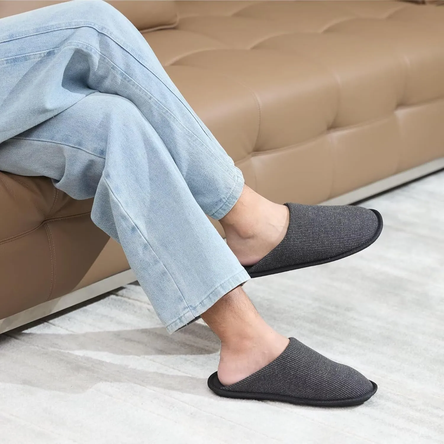 NineCiFun Mens House Scuff Slippers Slip On Warm Bedroom Solid Waffle Upper Slippers Lightweight Non-slip Indoor/Outdoor House Shoes