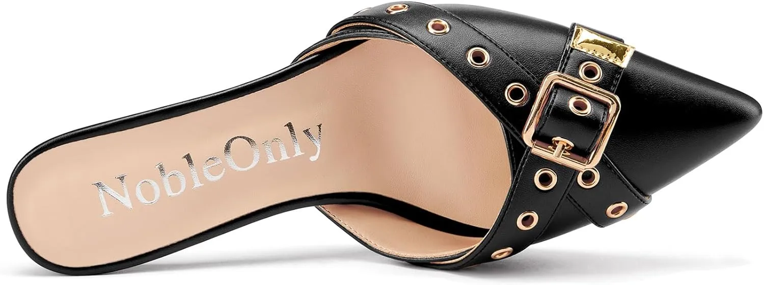 NobleOnly Kitten Heels for Women - Close Pointed Toe Mule Heels, Studded Slip On Party Dress Pumps, 2.6 Inches