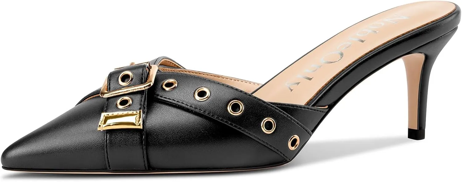 NobleOnly Kitten Heels for Women - Close Pointed Toe Mule Heels, Studded Slip On Party Dress Pumps, 2.6 Inches