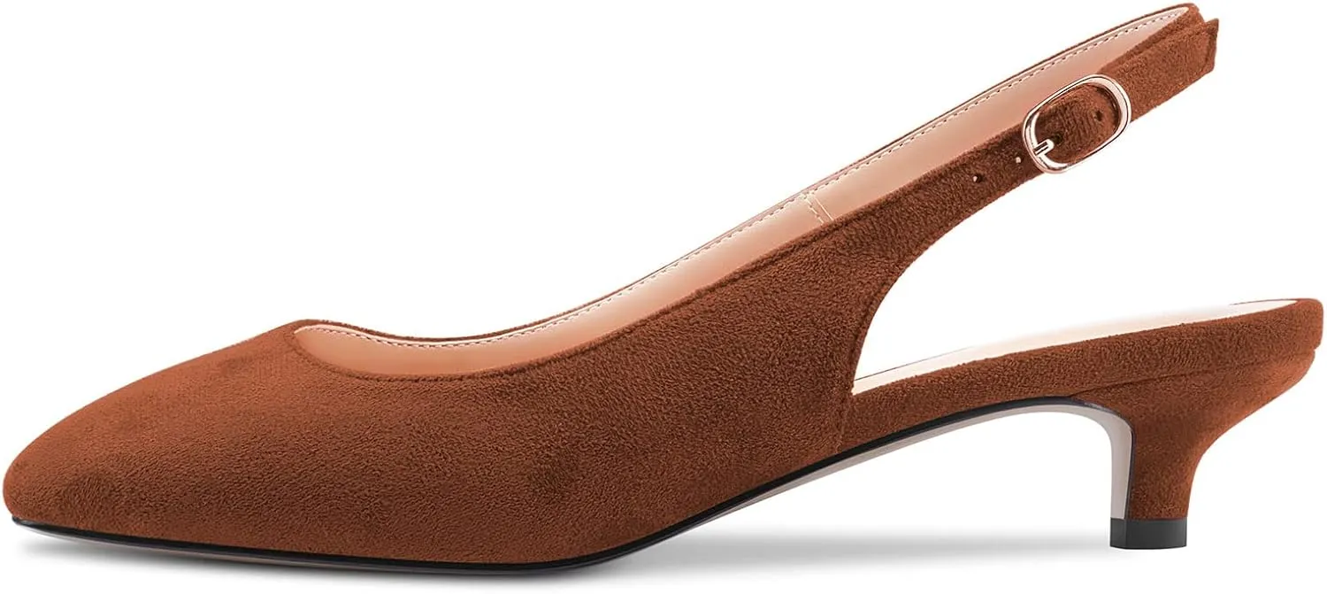 NobleOnly Stiletto Low Kitten Heel Close Toe Slip-on Pumps Slingback Buckle Dress Sandals 1.4 Inches Heels Shoes