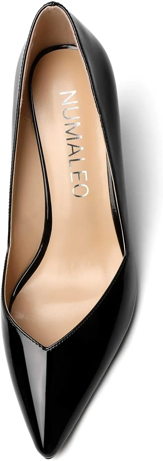 NUMALEO Womens Patent Slip On Casual Solid Pointed Toe Office Wedge High Heel Pumps Shoes 3.3 Inch