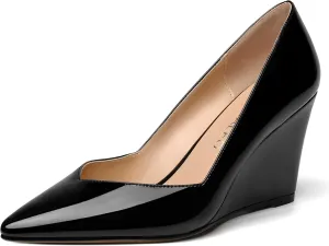 NUMALEO Womens Patent Slip On Casual Solid Pointed Toe Office Wedge High Heel Pumps Shoes 3.3 Inch