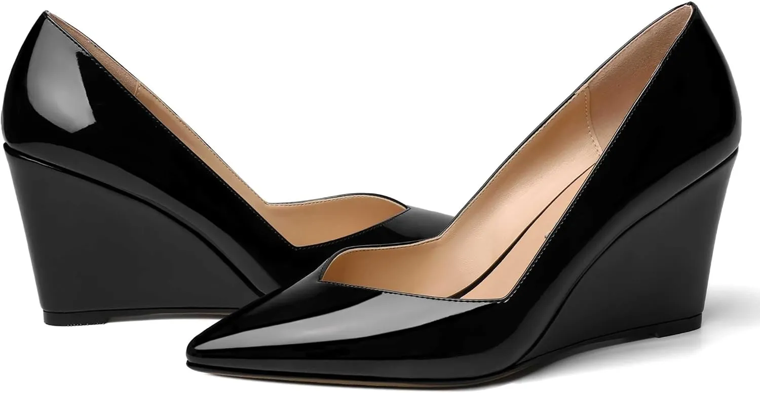 NUMALEO Womens Patent Slip On Casual Solid Pointed Toe Office Wedge High Heel Pumps Shoes 3.3 Inch