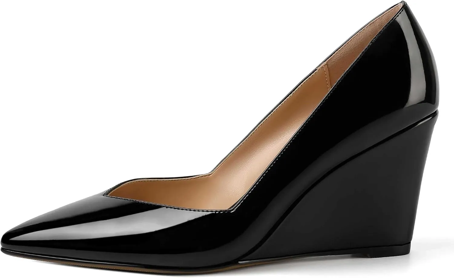 NUMALEO Womens Patent Slip On Casual Solid Pointed Toe Office Wedge High Heel Pumps Shoes 3.3 Inch