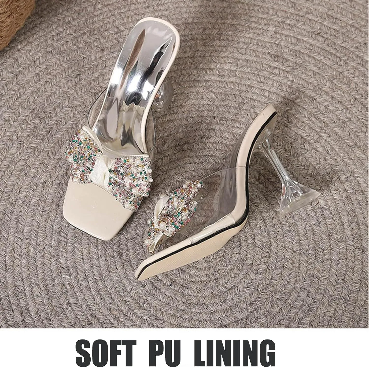 OEWHNGD Women's Pearl Bow Square Toe Stiletto Slides Sandals Elegant Rhinestones Clear High Heels Open Toe Slip On Dress Slippers for Dinner Party Prom Crystal Sandals