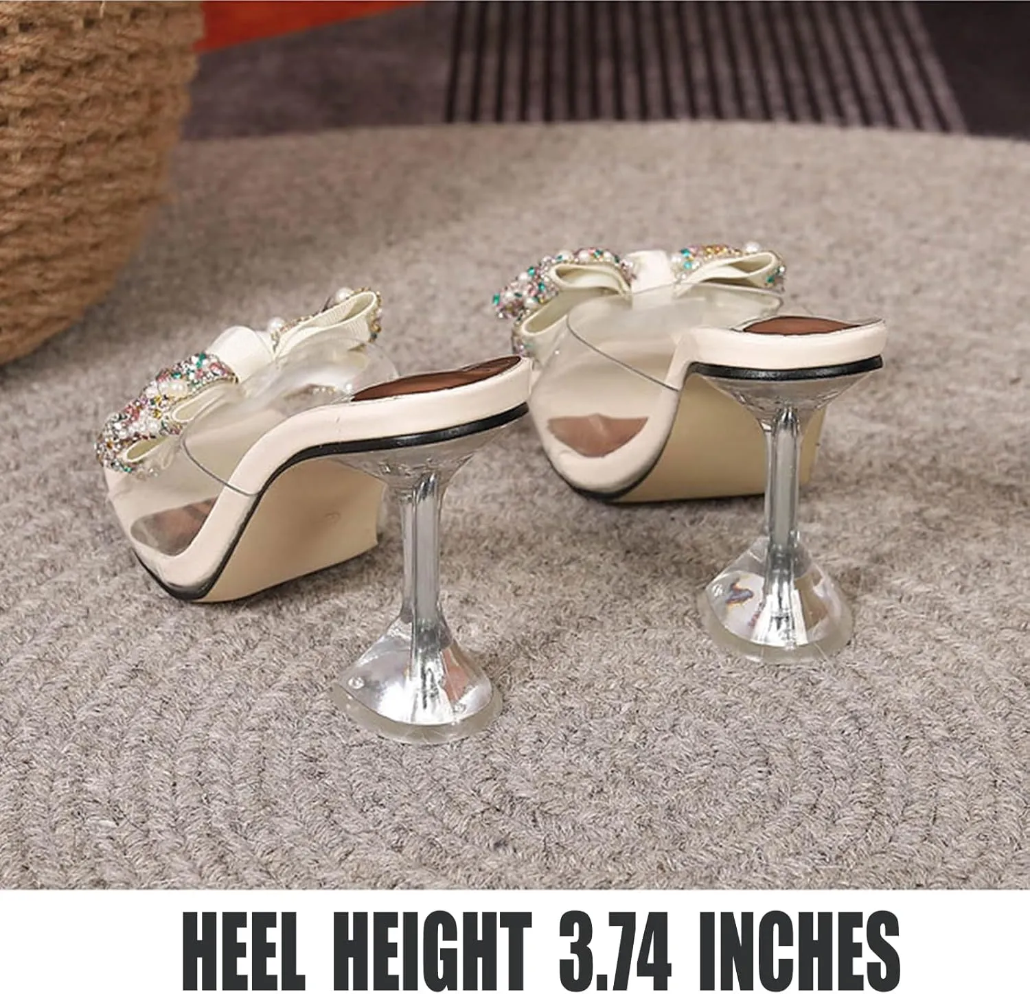 OEWHNGD Women's Pearl Bow Square Toe Stiletto Slides Sandals Elegant Rhinestones Clear High Heels Open Toe Slip On Dress Slippers for Dinner Party Prom Crystal Sandals
