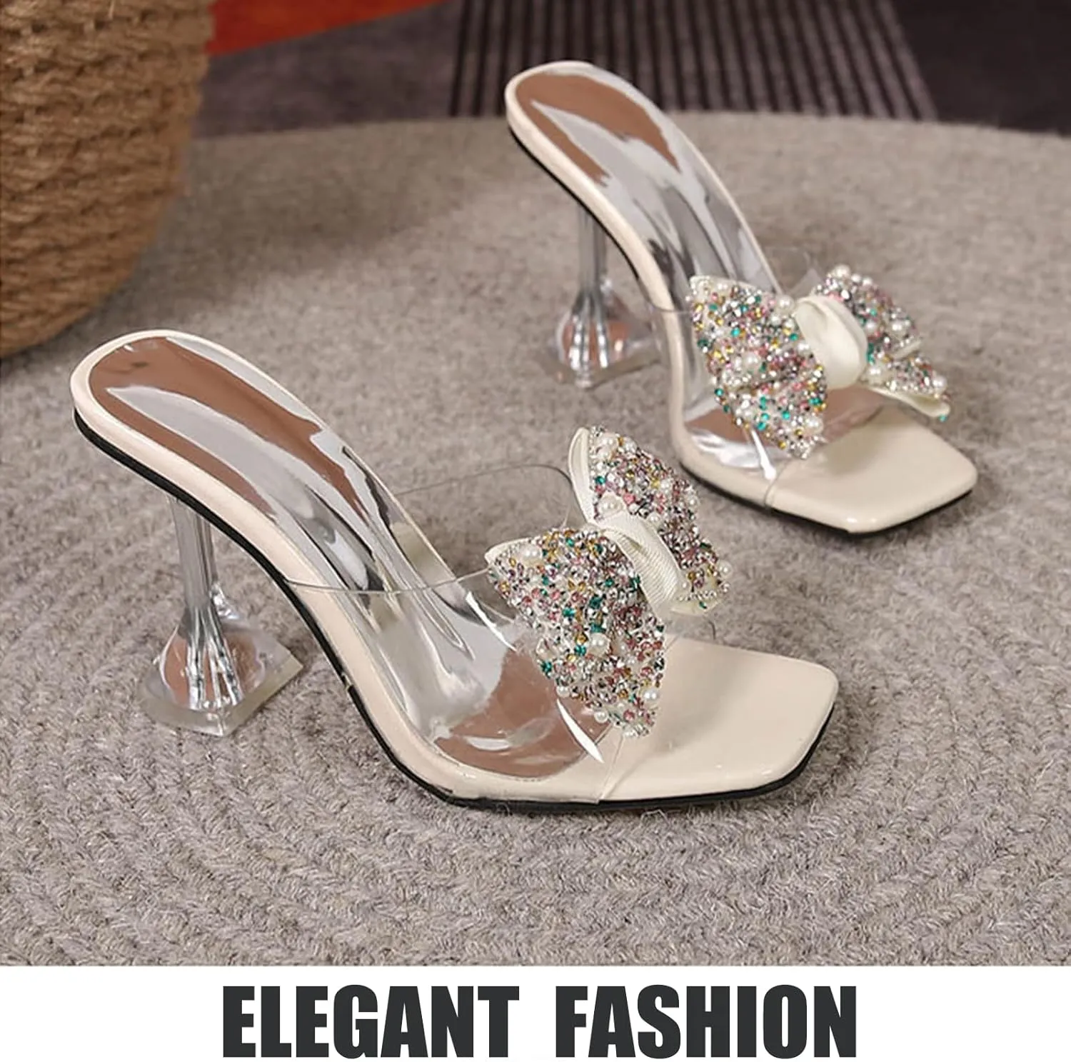 OEWHNGD Women's Pearl Bow Square Toe Stiletto Slides Sandals Elegant Rhinestones Clear High Heels Open Toe Slip On Dress Slippers for Dinner Party Prom Crystal Sandals
