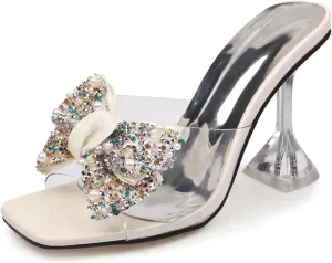 OEWHNGD Women's Pearl Bow Square Toe Stiletto Slides Sandals Elegant Rhinestones Clear High Heels Open Toe Slip On Dress Slippers for Dinner Party Prom Crystal Sandals