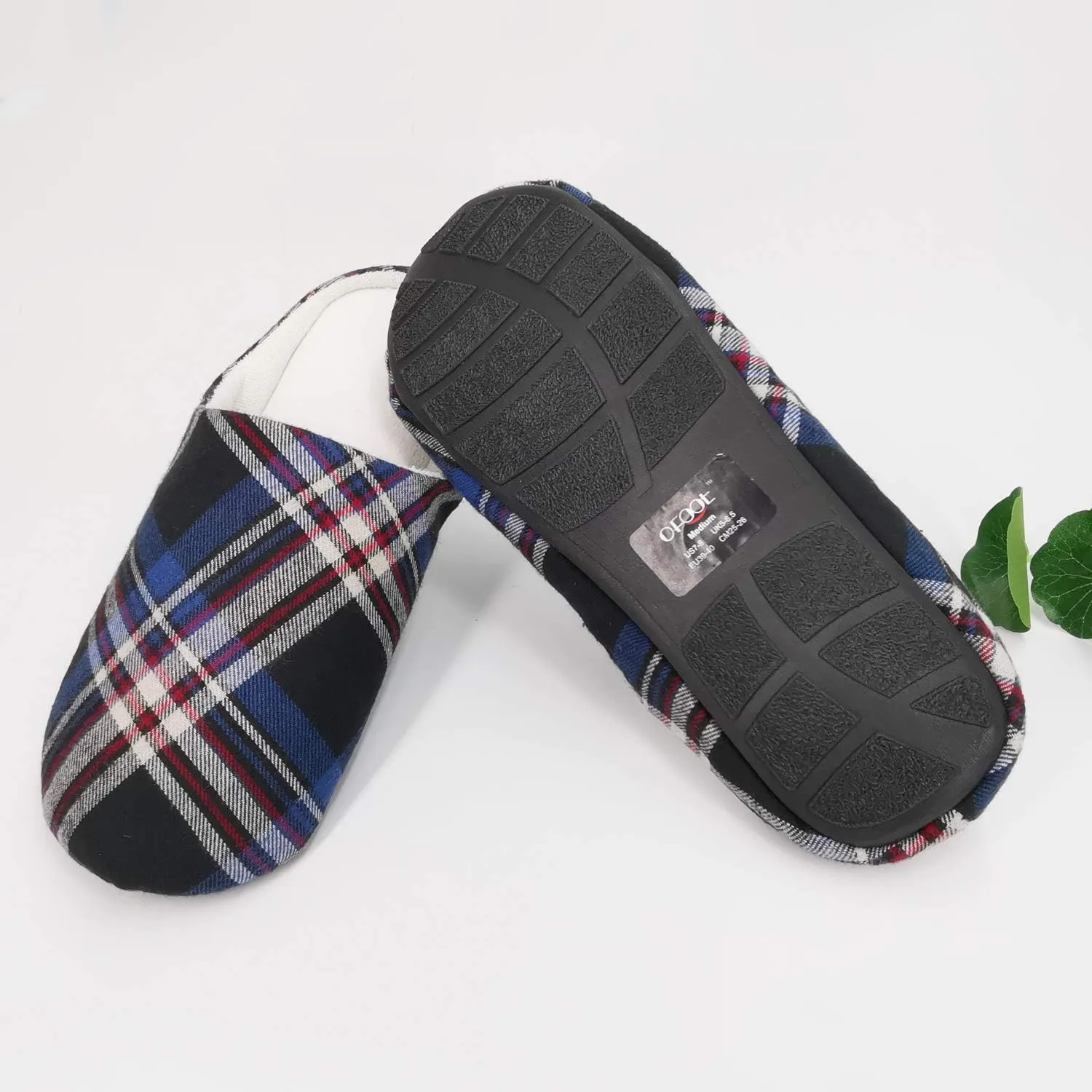 ofoot Mens & Womens Cotton Memory Foam House Slippers Bedroom Slip On Shoes Tartan Plaid Retro Style Anti Skid Rubber Outsole