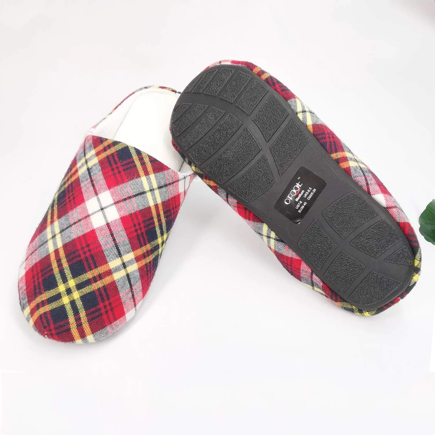 ofoot Mens & Womens Cotton Memory Foam House Slippers Bedroom Slip On Shoes Tartan Plaid Retro Style Anti Skid Rubber Outsole