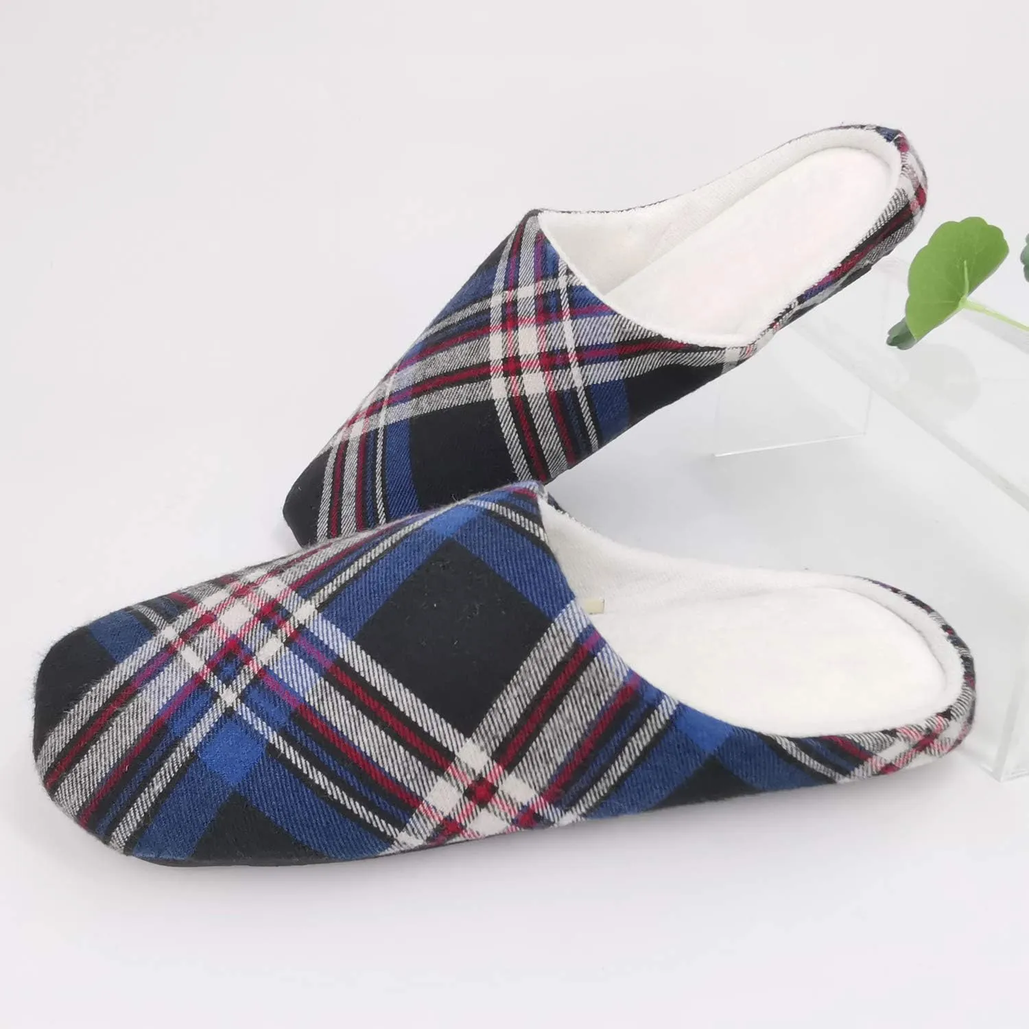 ofoot Mens & Womens Cotton Memory Foam House Slippers Bedroom Slip On Shoes Tartan Plaid Retro Style Anti Skid Rubber Outsole