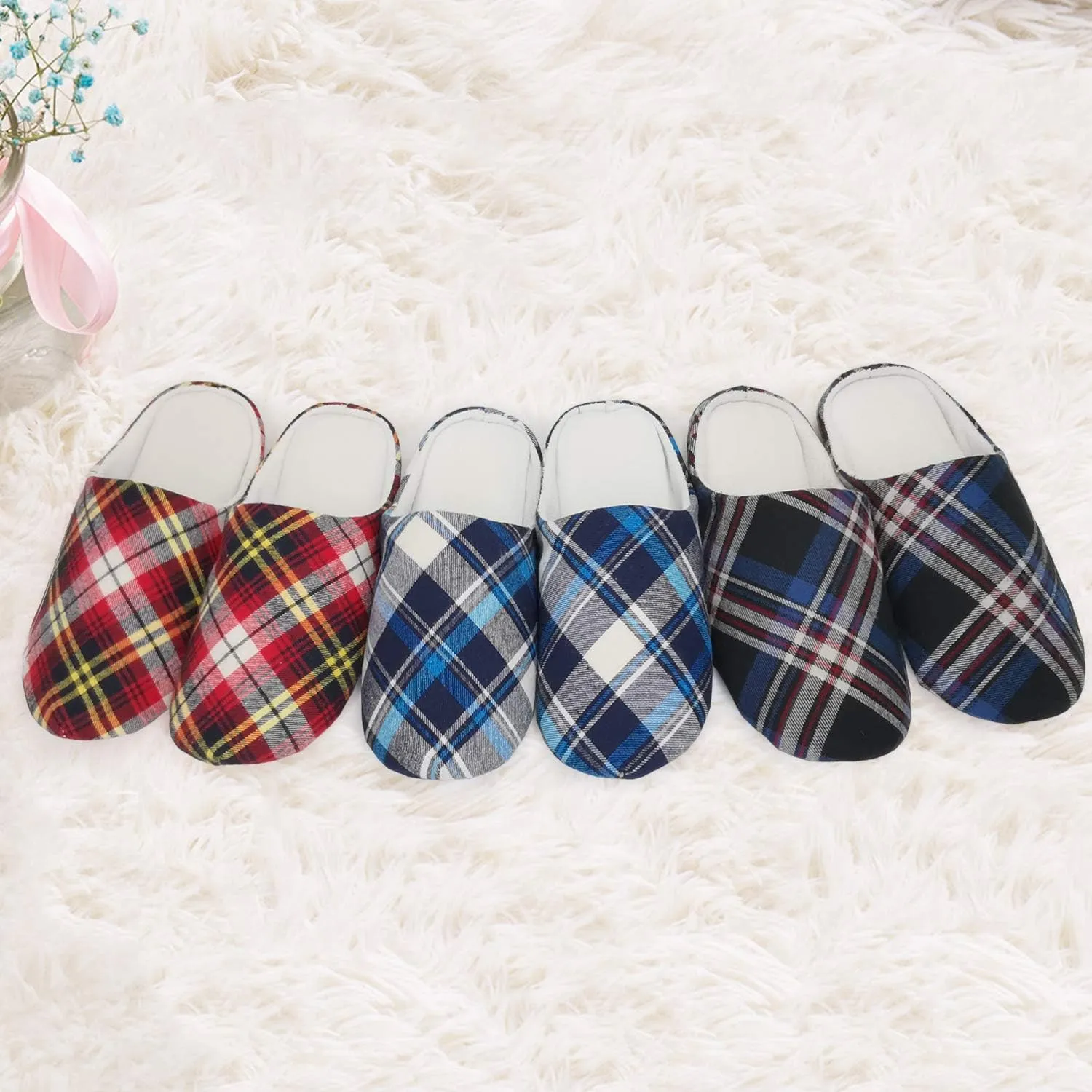 ofoot Mens & Womens Cotton Memory Foam House Slippers Bedroom Slip On Shoes Tartan Plaid Retro Style Anti Skid Rubber Outsole