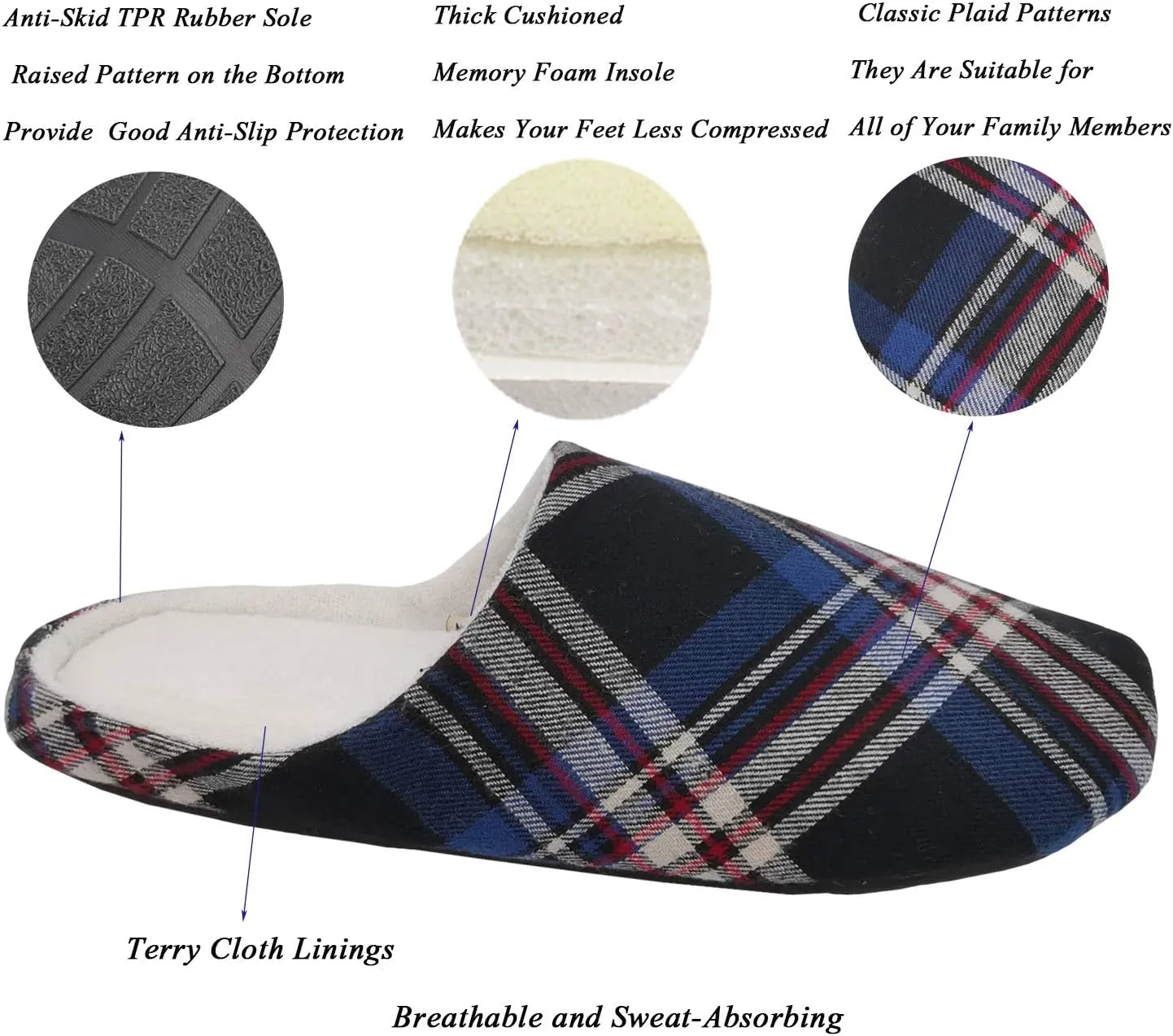 ofoot Mens & Womens Cotton Memory Foam House Slippers Bedroom Slip On Shoes Tartan Plaid Retro Style Anti Skid Rubber Outsole