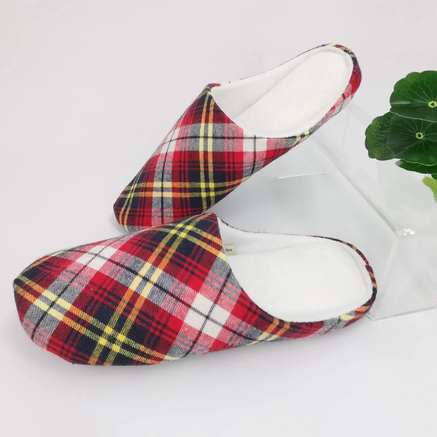 ofoot Mens & Womens Cotton Memory Foam House Slippers Bedroom Slip On Shoes Tartan Plaid Retro Style Anti Skid Rubber Outsole