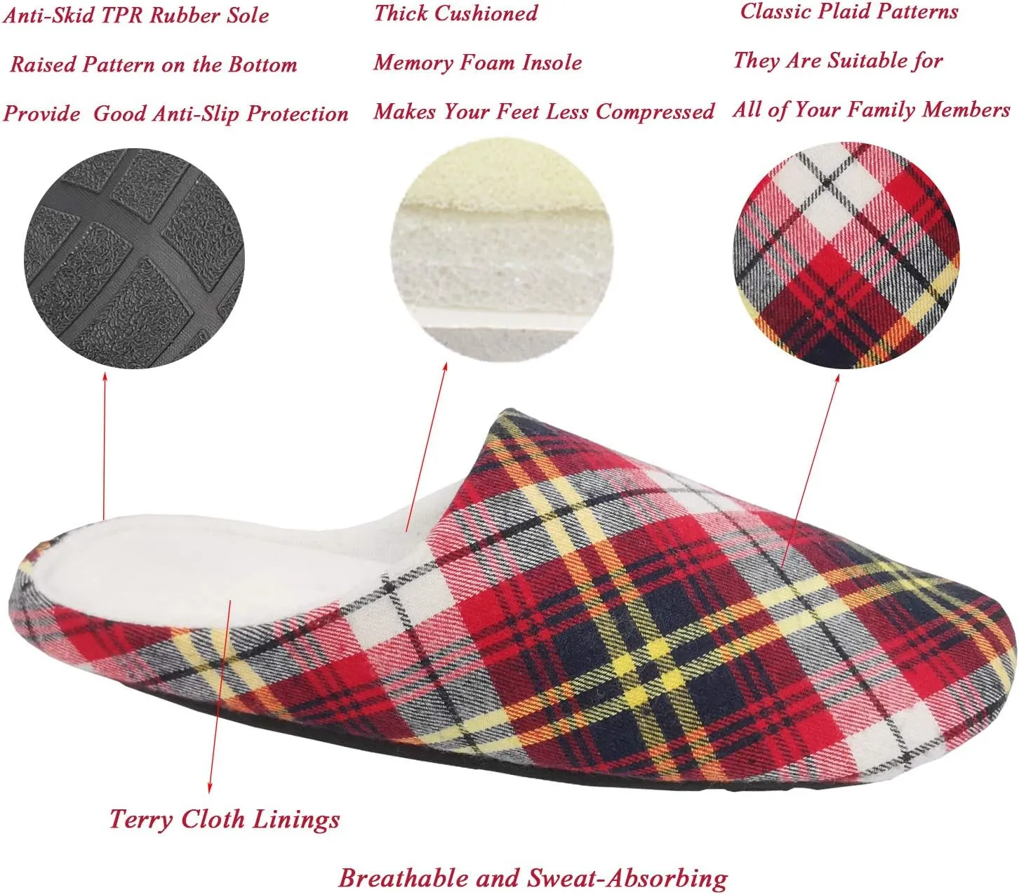 ofoot Mens & Womens Cotton Memory Foam House Slippers Bedroom Slip On Shoes Tartan Plaid Retro Style Anti Skid Rubber Outsole