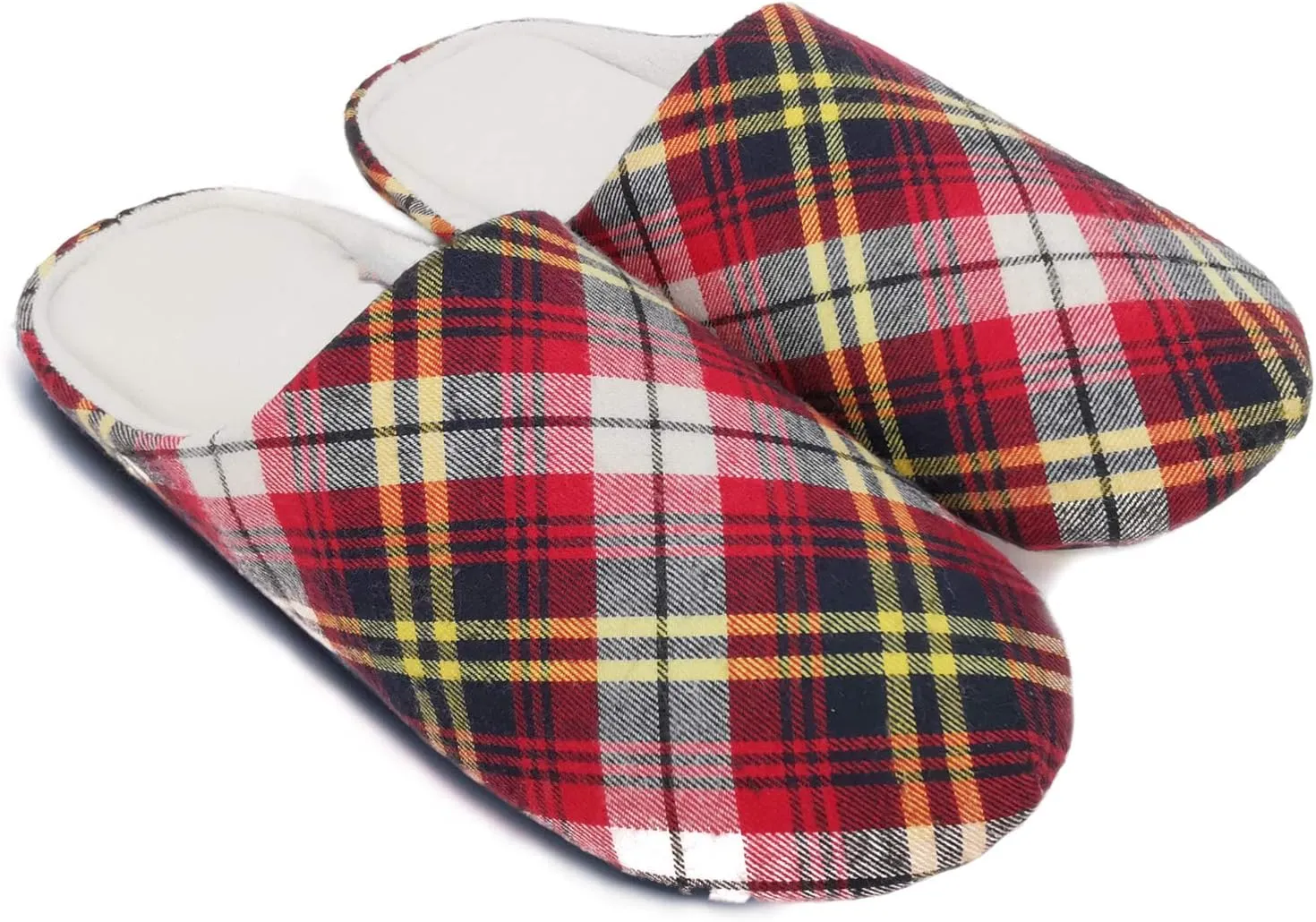 ofoot Mens & Womens Cotton Memory Foam House Slippers Bedroom Slip On Shoes Tartan Plaid Retro Style Anti Skid Rubber Outsole