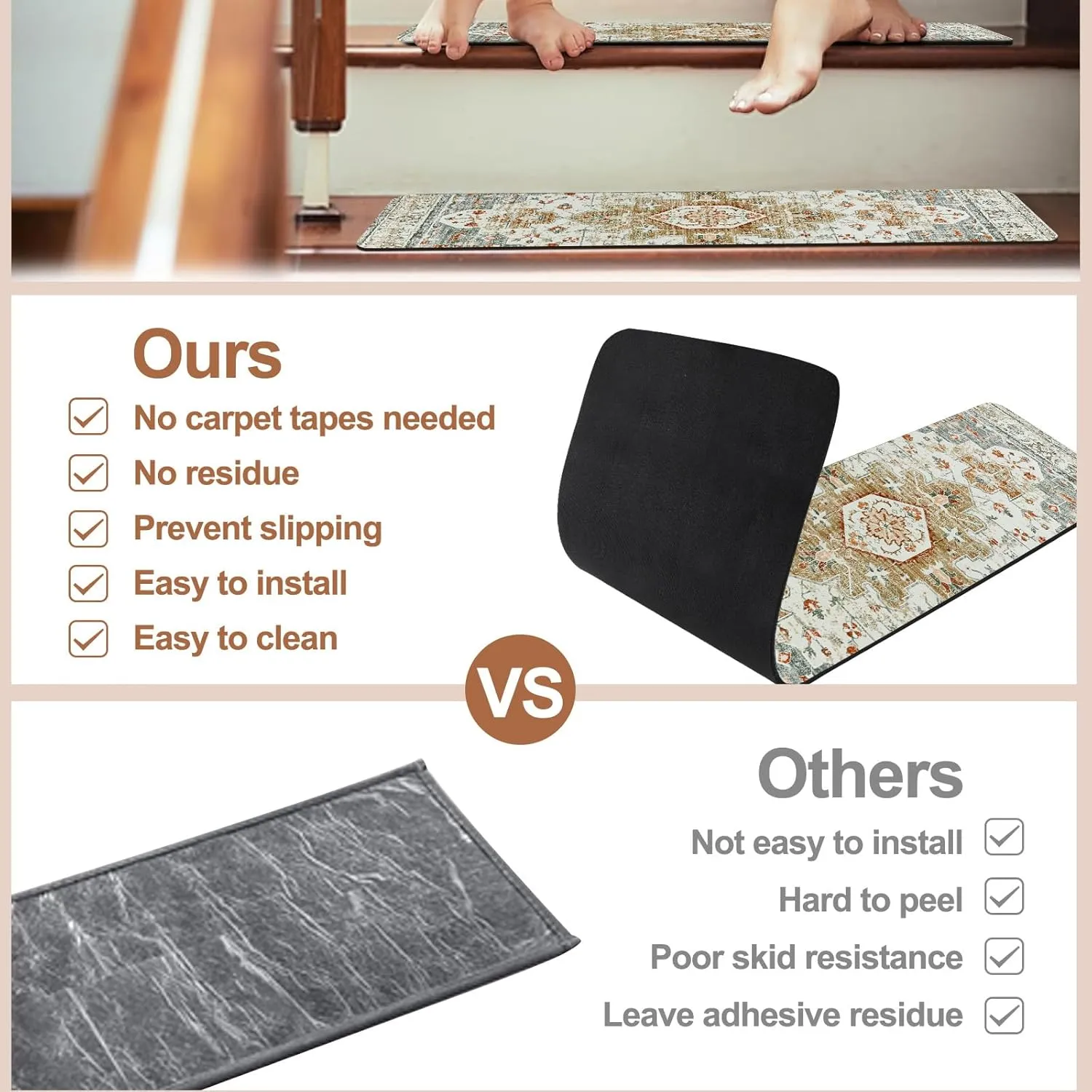 OJIA Non-Slip Stair Treads Matching Mat for Wooden Steps, Square Rubber Backing Anti-Slip Stair Carpet Landing Mat Stair Rugs 31x31 inch Stair Covers