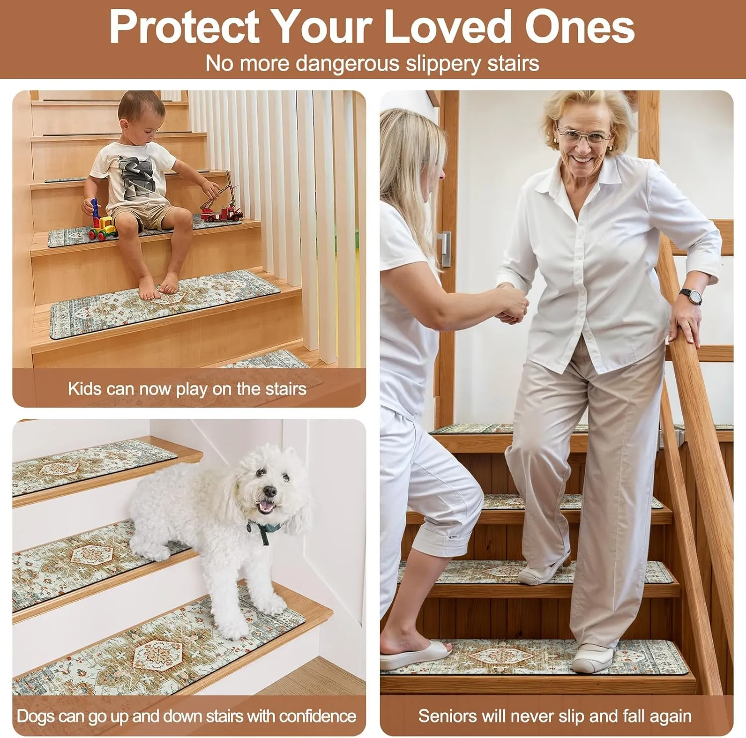 OJIA Non-Slip Stair Treads Matching Mat for Wooden Steps, Square Rubber Backing Anti-Slip Stair Carpet Landing Mat Stair Rugs 31x31 inch Stair Covers
