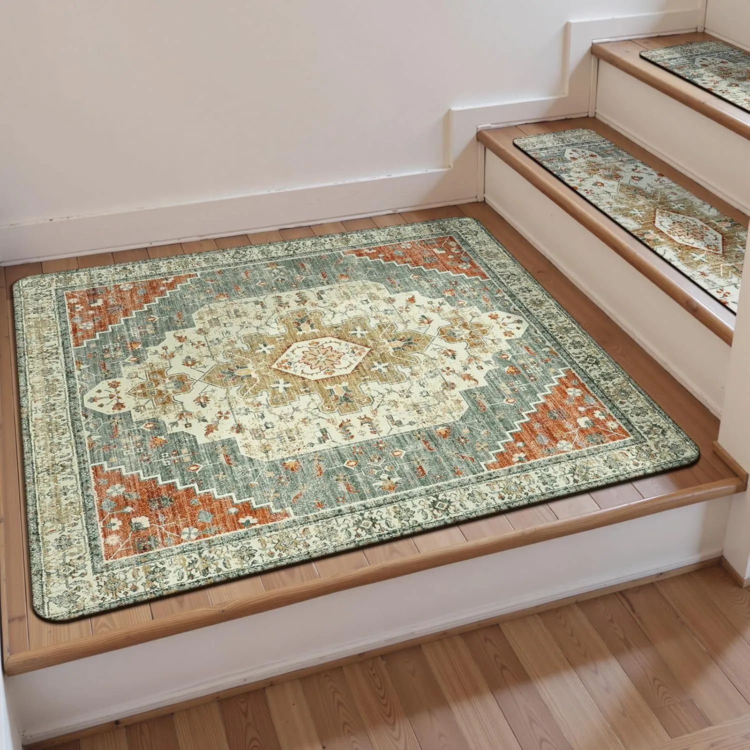 OJIA Non-Slip Stair Treads Matching Mat for Wooden Steps, Square Rubber Backing Anti-Slip Stair Carpet Landing Mat Stair Rugs 31x31 inch Stair Covers