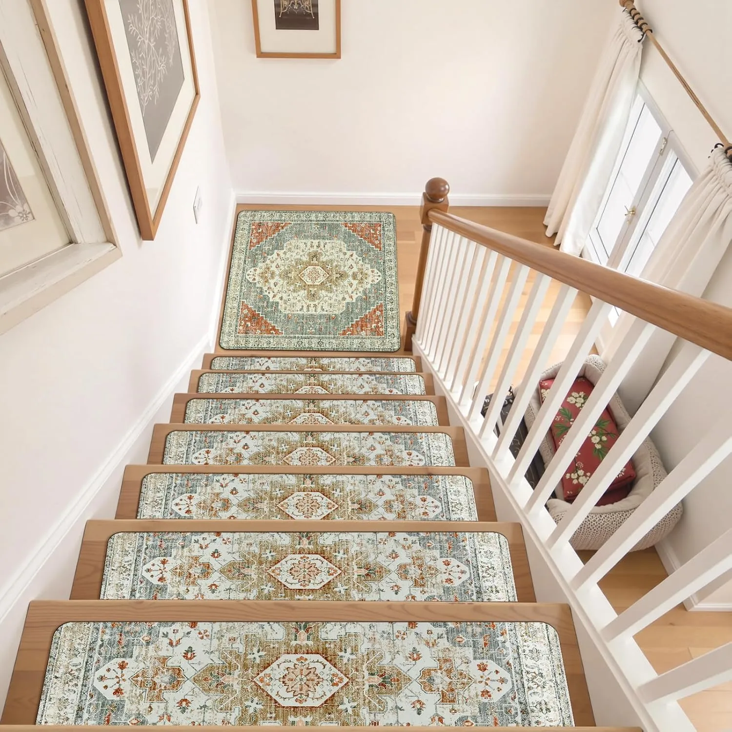 OJIA Non-Slip Stair Treads Matching Mat for Wooden Steps, Square Rubber Backing Anti-Slip Stair Carpet Landing Mat Stair Rugs 31x31 inch Stair Covers