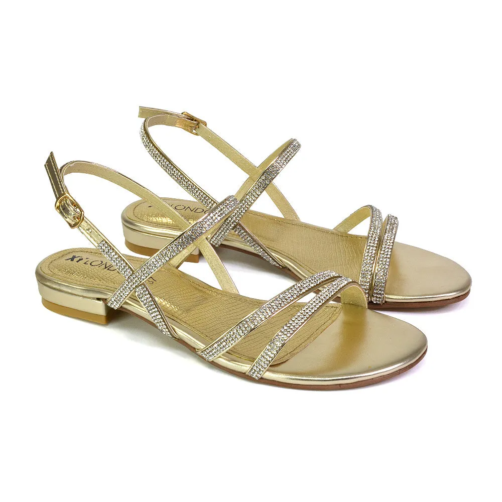 Orla Buckle Strappy Summer Sparkly Bridal Flat Diamante Sandals in Silver