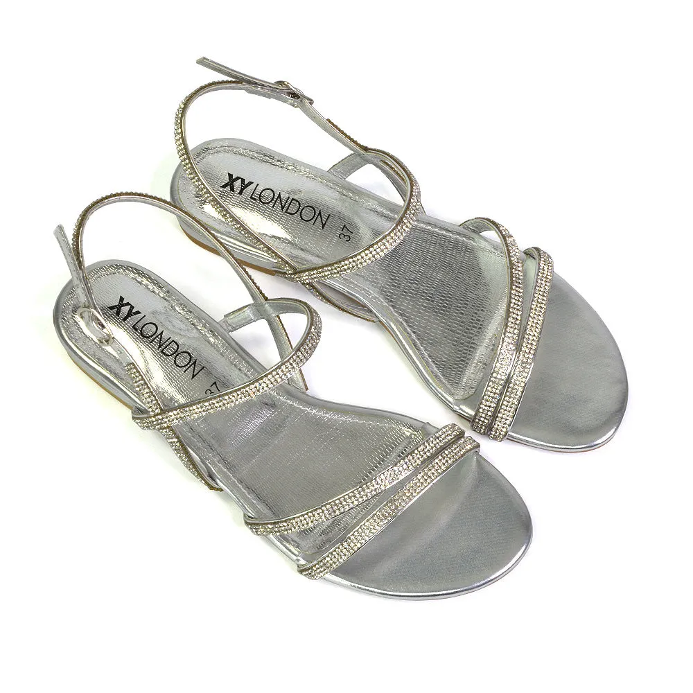 Orla Buckle Strappy Summer Sparkly Bridal Flat Diamante Sandals in Silver