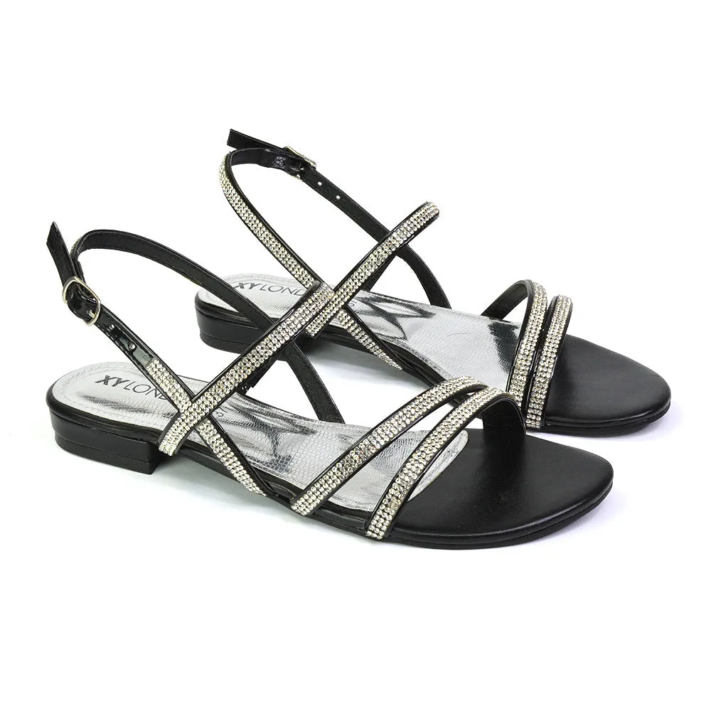 Orla Buckle Strappy Summer Sparkly Bridal Flat Diamante Sandals in Silver