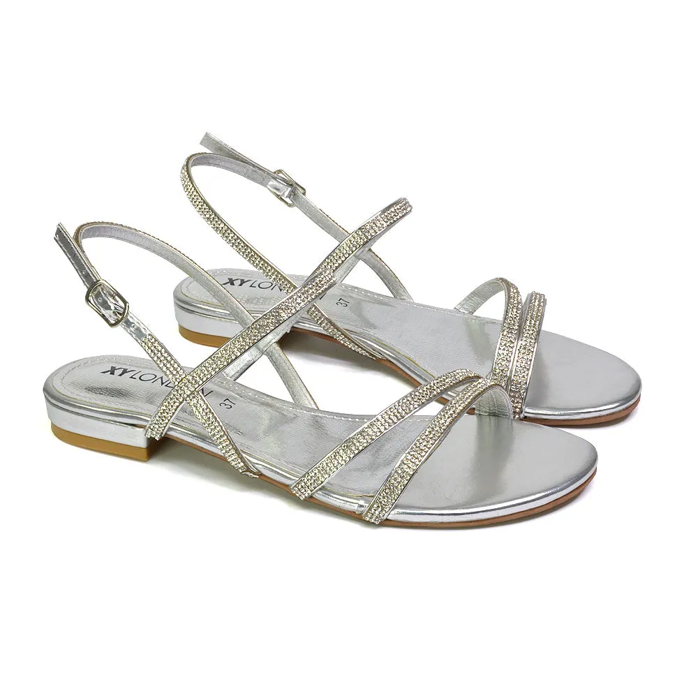 Orla Buckle Strappy Summer Sparkly Bridal Flat Diamante Sandals in Silver