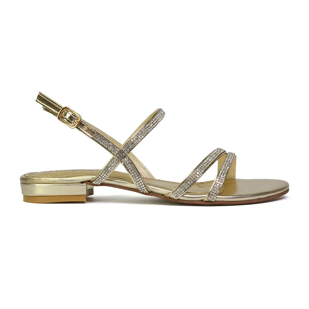 Orla Buckle Strappy Summer Sparkly Bridal Flat Diamante Sandals in Silver