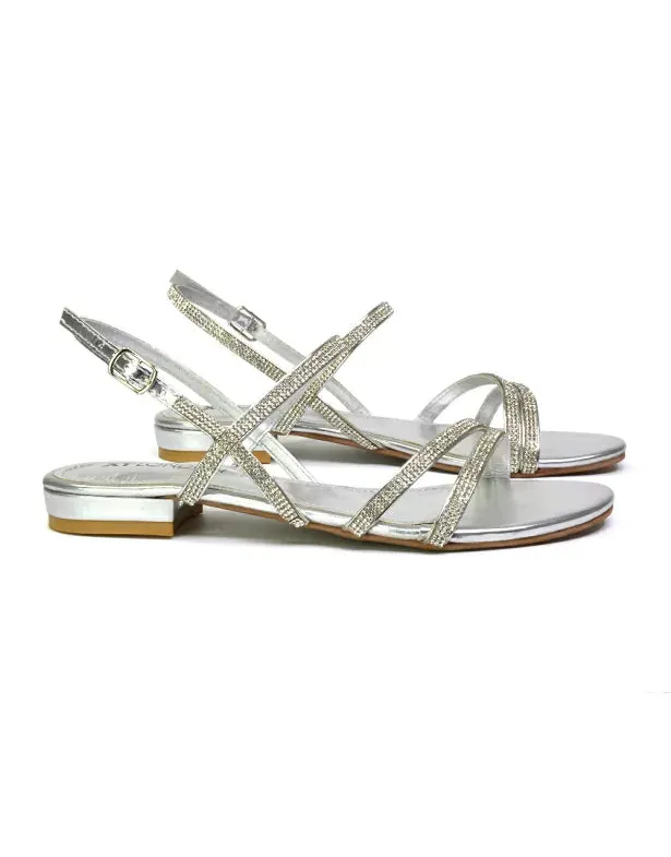Orla Buckle Strappy Summer Sparkly Bridal Flat Diamante Sandals in Silver