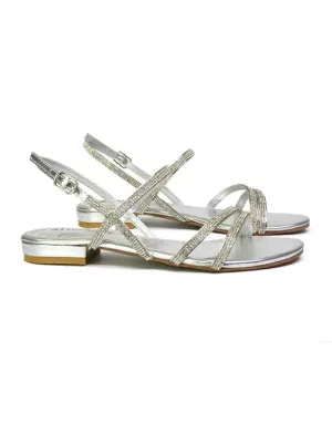 Orla Buckle Strappy Summer Sparkly Bridal Flat Diamante Sandals in Silver