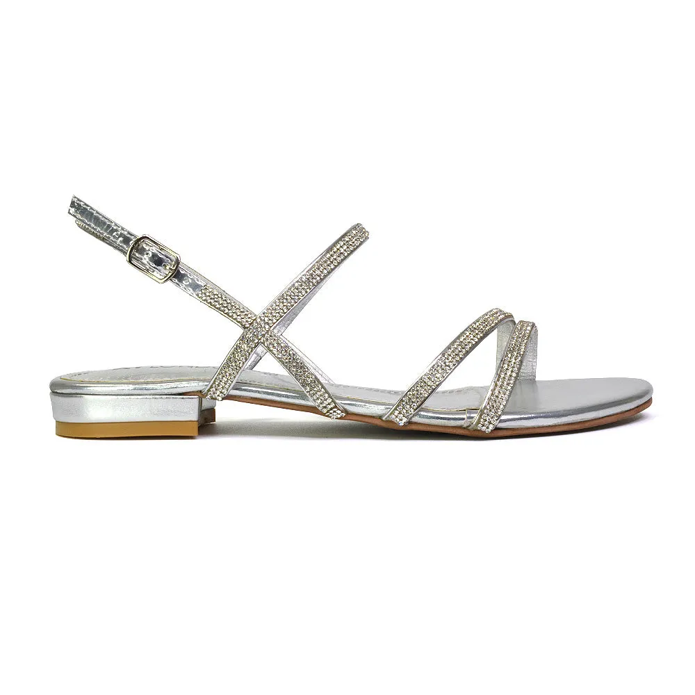 Orla Buckle Strappy Summer Sparkly Bridal Flat Diamante Sandals in Silver