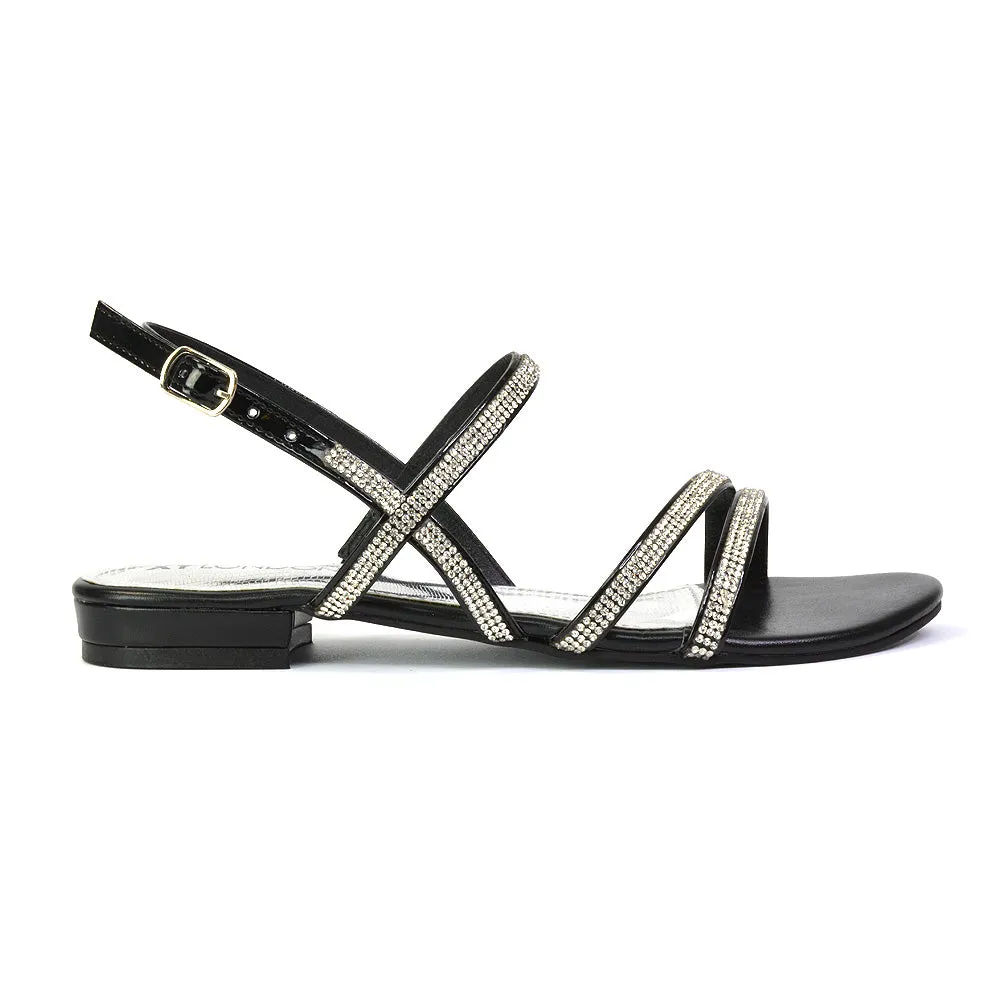 Orla Buckle Strappy Summer Sparkly Bridal Flat Diamante Sandals in Silver