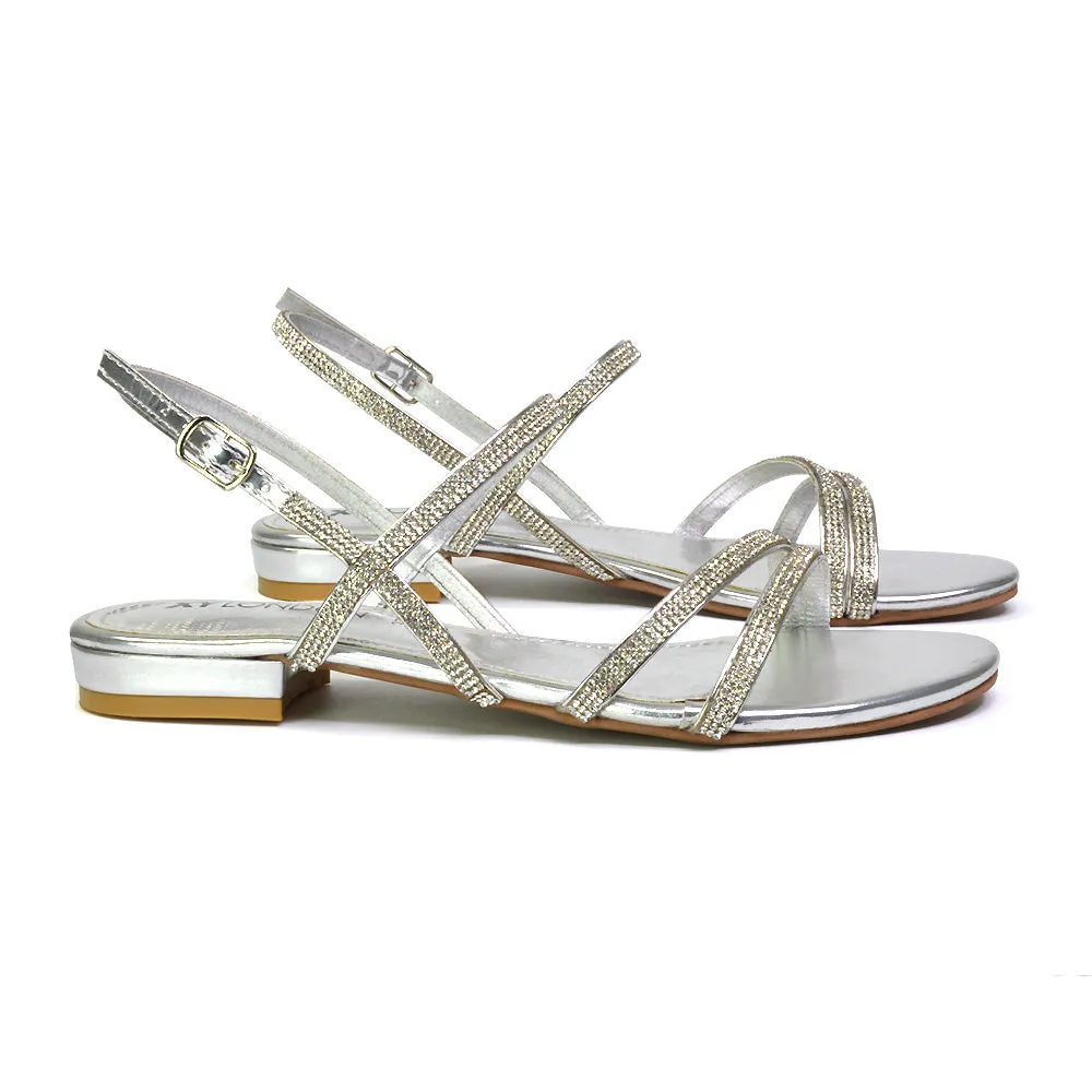 Orla Buckle Strappy Summer Sparkly Bridal Flat Diamante Sandals in Silver