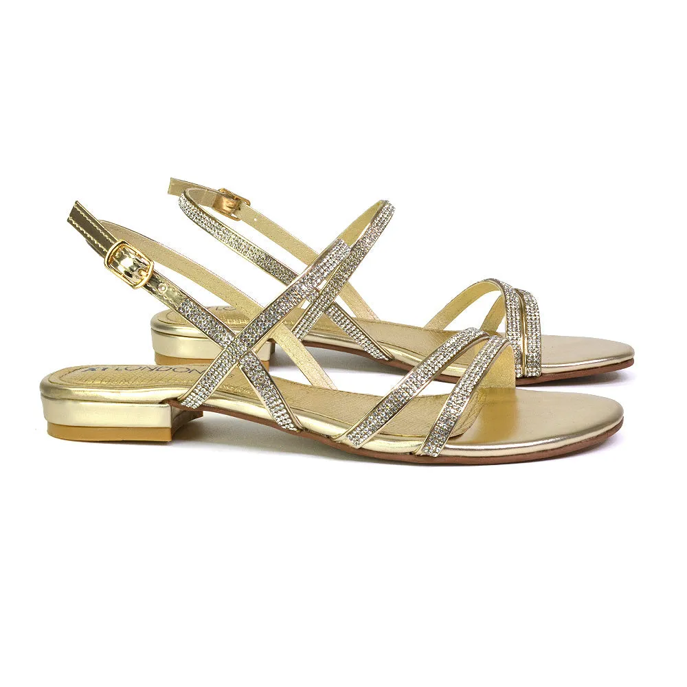 Orla Buckle Strappy Summer Sparkly Bridal Flat Diamante Sandals in Silver