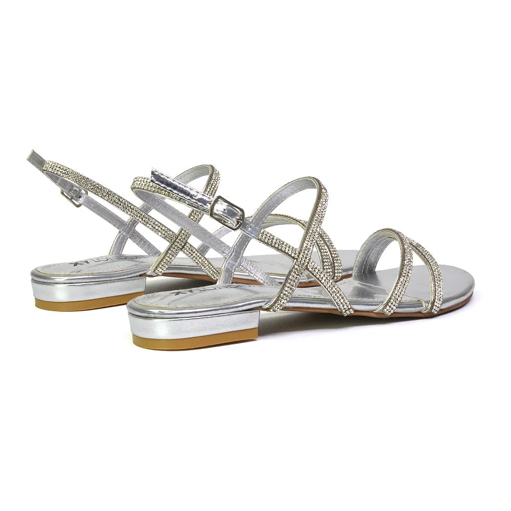 Orla Buckle Strappy Summer Sparkly Bridal Flat Diamante Sandals in Silver