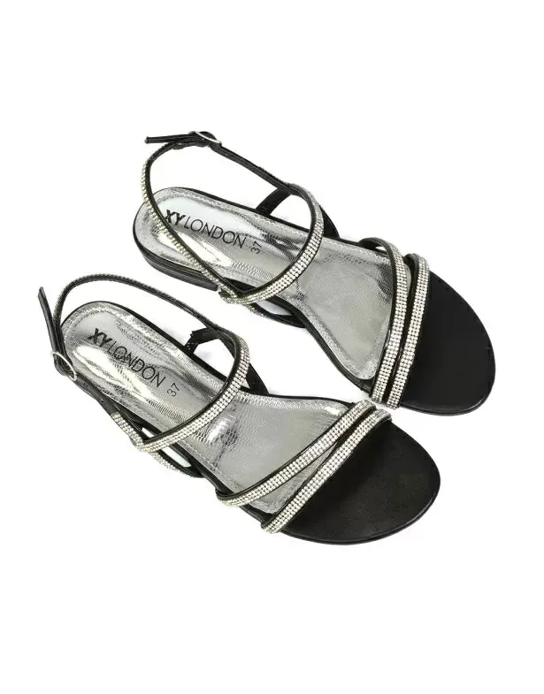 Orla Buckle Strappy Summer Sparkly Bridal Flat Diamante Sandals in Silver