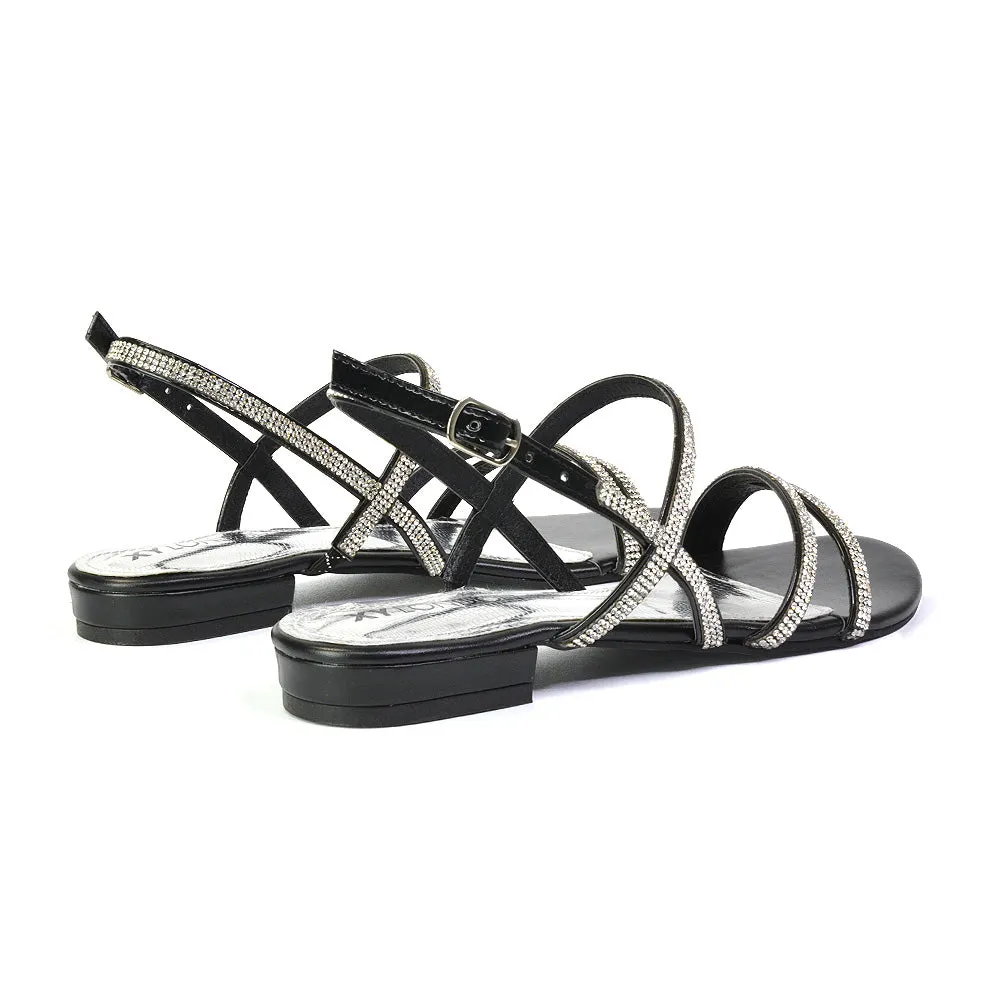 Orla Buckle Strappy Summer Sparkly Bridal Flat Diamante Sandals in Silver