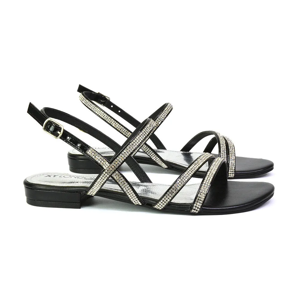 Orla Buckle Strappy Summer Sparkly Bridal Flat Diamante Sandals in Silver