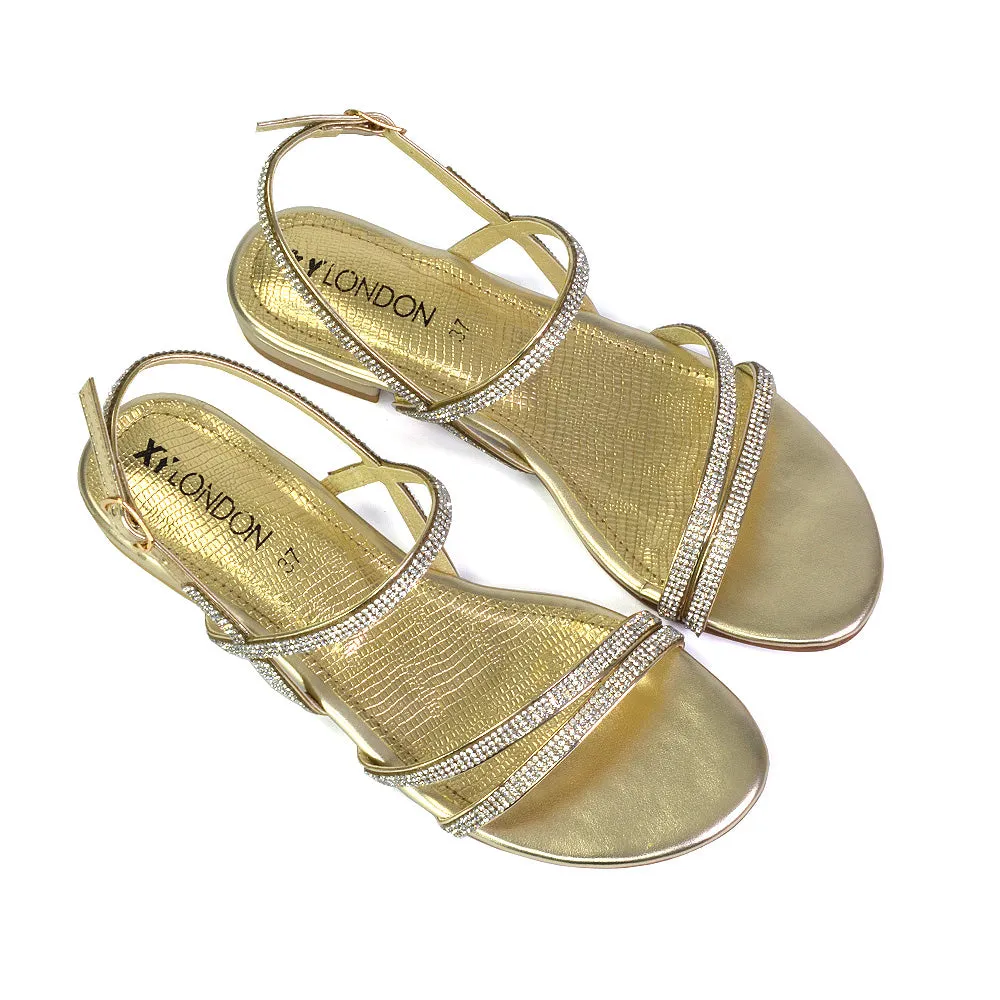 Orla Buckle Strappy Summer Sparkly Bridal Flat Diamante Sandals in Silver