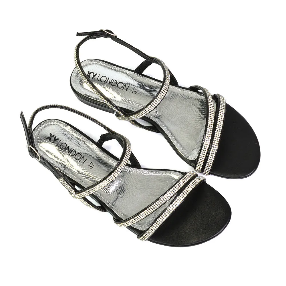 Orla Buckle Strappy Summer Sparkly Bridal Flat Diamante Sandals in Silver