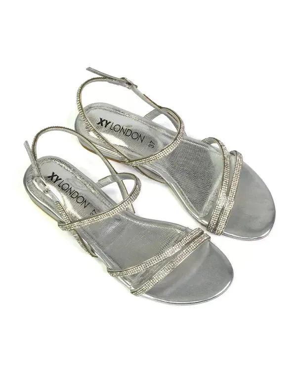 Orla Buckle Strappy Summer Sparkly Bridal Flat Diamante Sandals in Silver