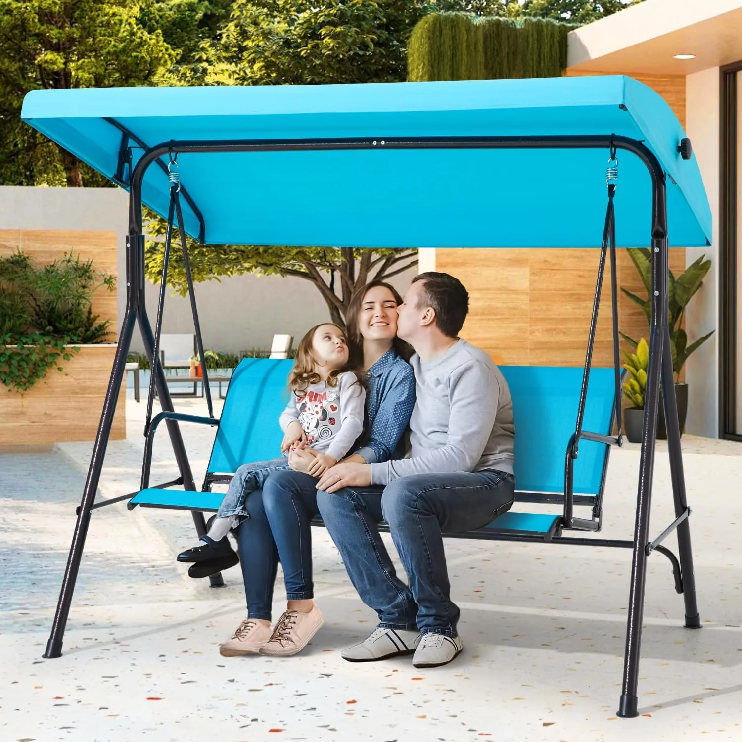 Outdoor Patio Swing with Adjustable Canopy for Backyard, Porch, Garden,Textilene Seat,(Lake Blue)